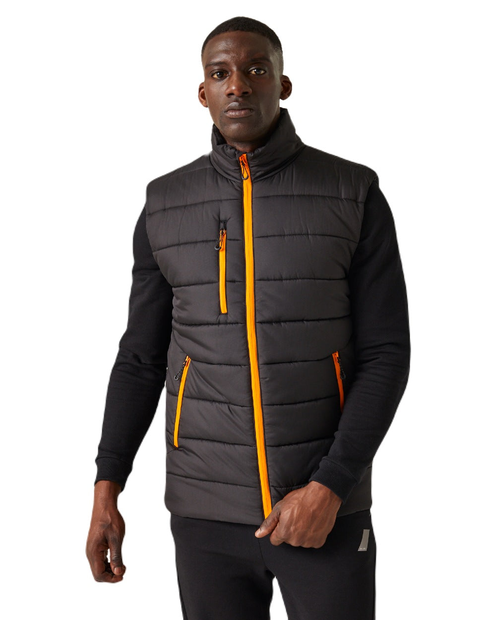Black Orange Pop coloured Regatta Mens Navigate Thermal Bodywarmer on white background 