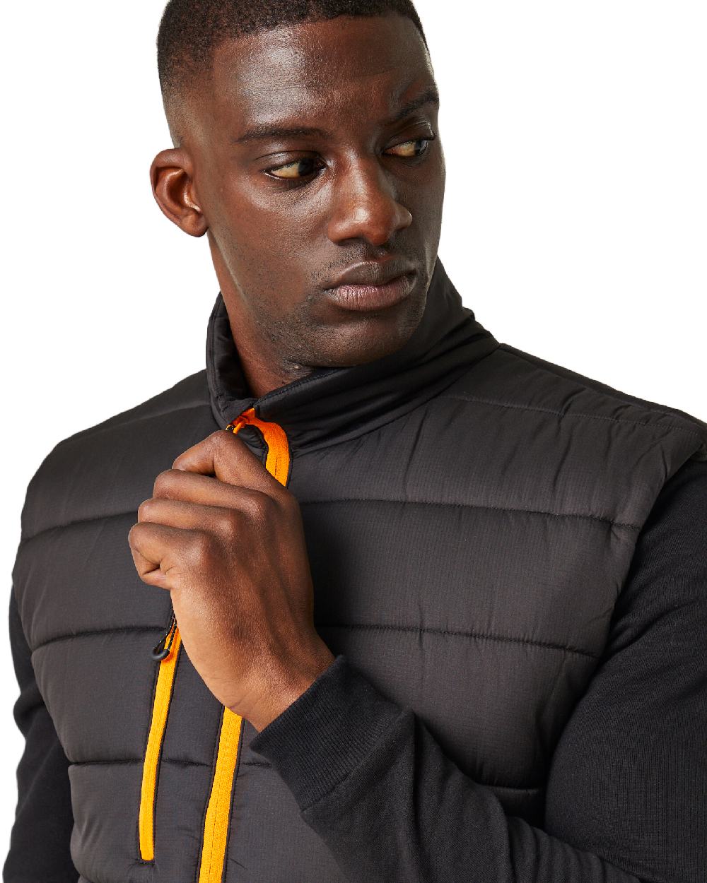 Black Orange Pop coloured Regatta Mens Navigate Thermal Bodywarmer on white background 