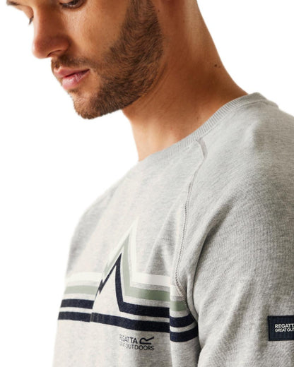 Grey Marl Linear Mountain Coloured Regatta Mens Nithsdale Crewneck Sweatshirt on white background 
