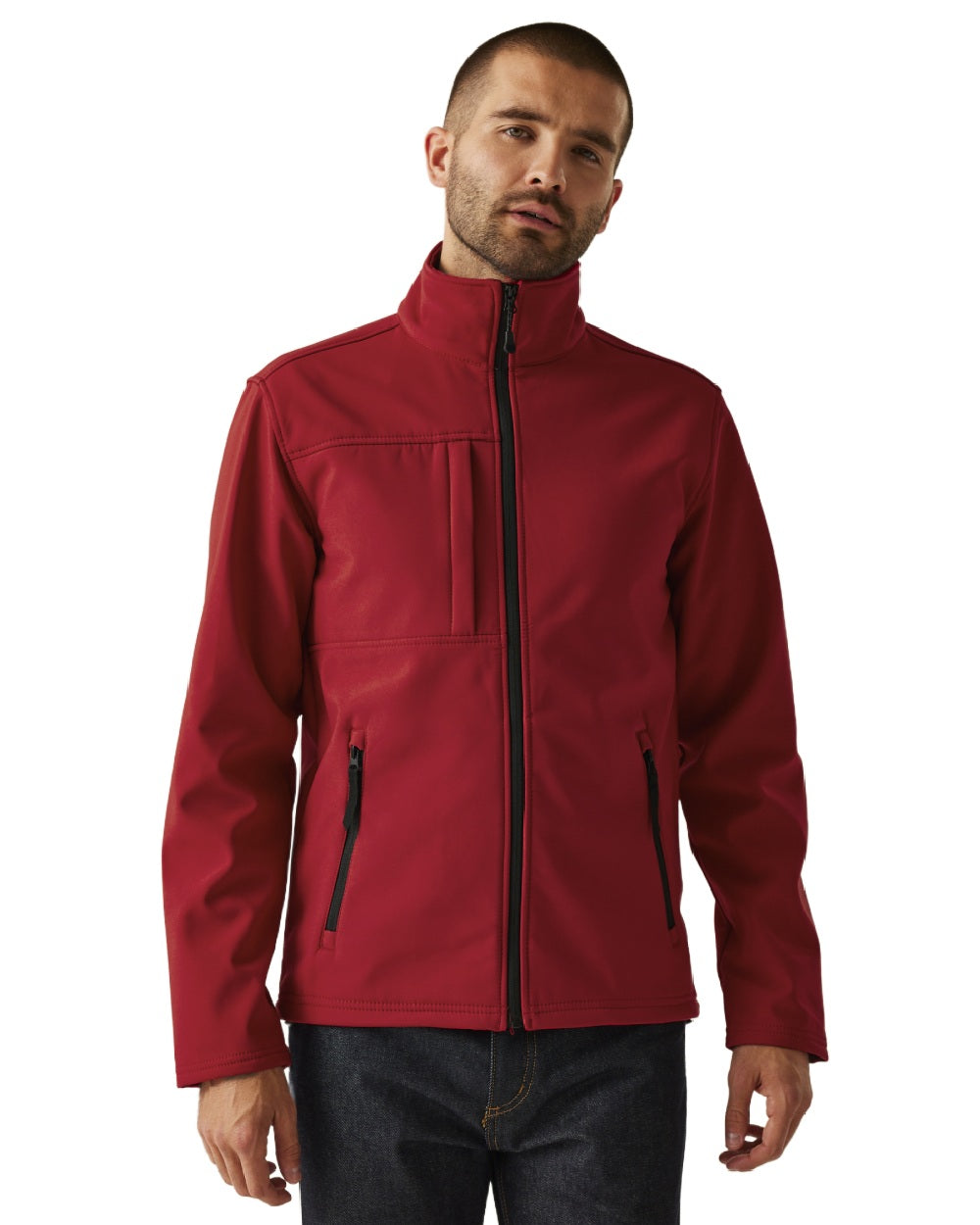 Classic Red Black coloured Regatta Mens Octagon II Printable 3 Layer Membrane Softshell Jacket on white background 
