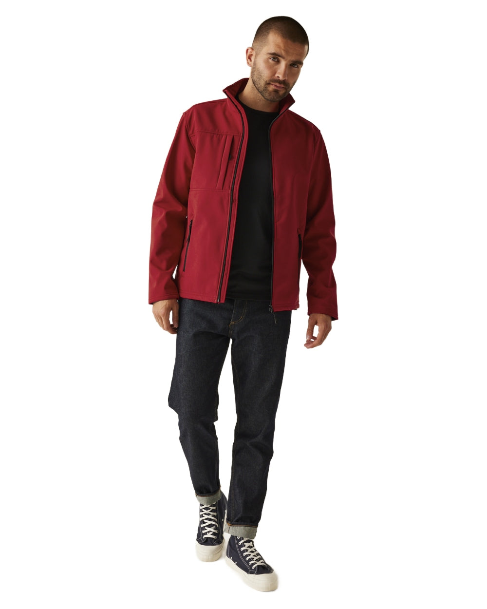 Classic Red Black coloured Regatta Mens Octagon II Printable 3 Layer Membrane Softshell Jacket on white background 