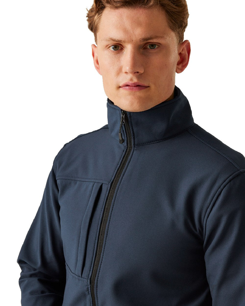 Navy Seal Grey coloured Regatta Mens Octagon II Printable 3 Layer Membrane Softshell Jacket on white background 