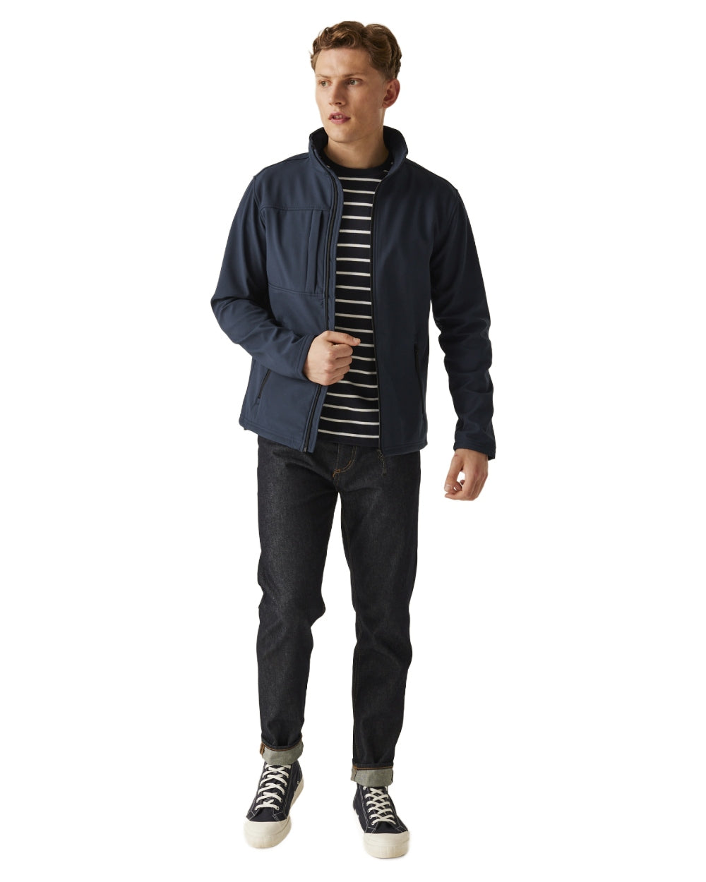 Navy Seal Grey coloured Regatta Mens Octagon II Printable 3 Layer Membrane Softshell Jacket on white background 