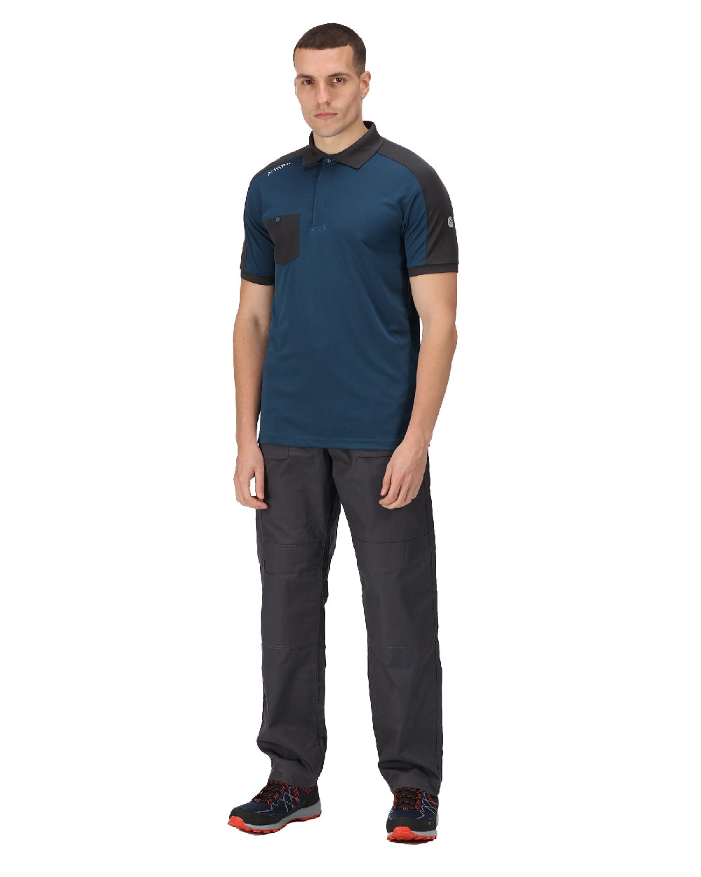 Blue Wing coloured Regatta Mens Offensive Moisture Wicking Polo Shirt on white background 