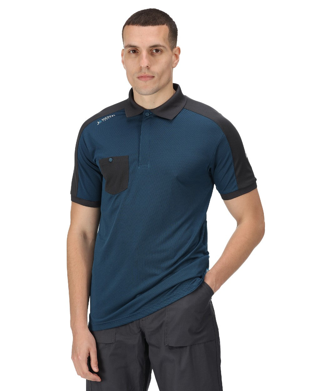 Blue Wing coloured Regatta Mens Offensive Moisture Wicking Polo Shirt on white background 