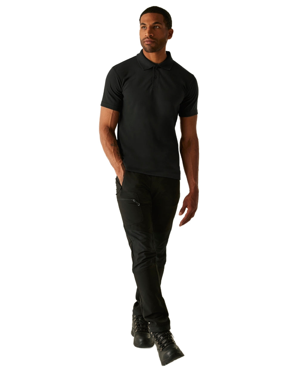 Black coloured Regatta Mens Pro 50/50 Pique Polo T-Shirt on white background 