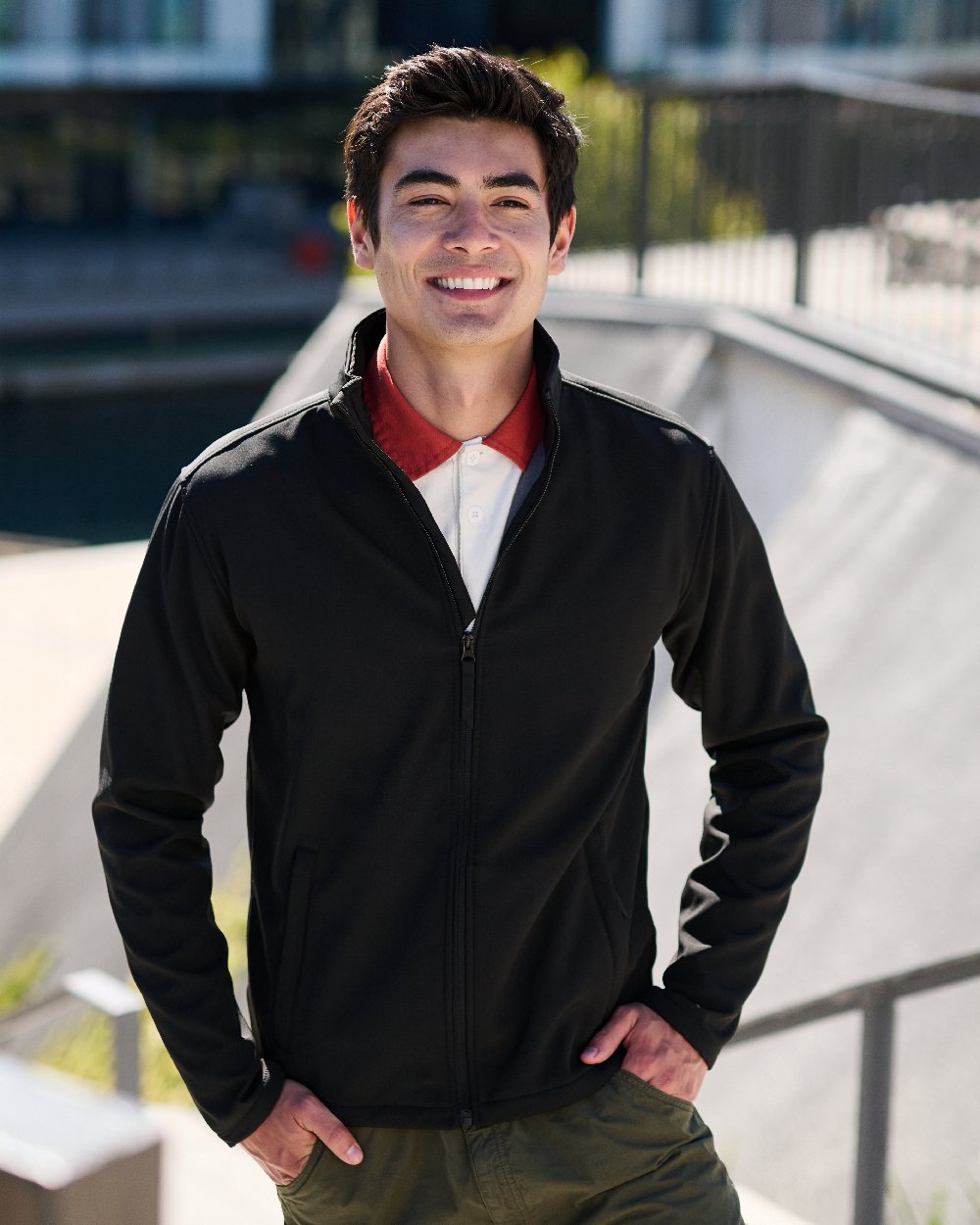 Black coloured Regatta Mens Reid Softshell Jacket on blurry background 