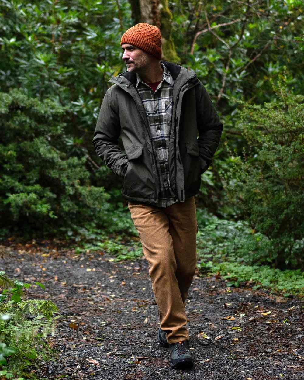 Dark Khaki Coloured Regatta Mens Sterlings Waterproof Insulated Jacket on forest background 