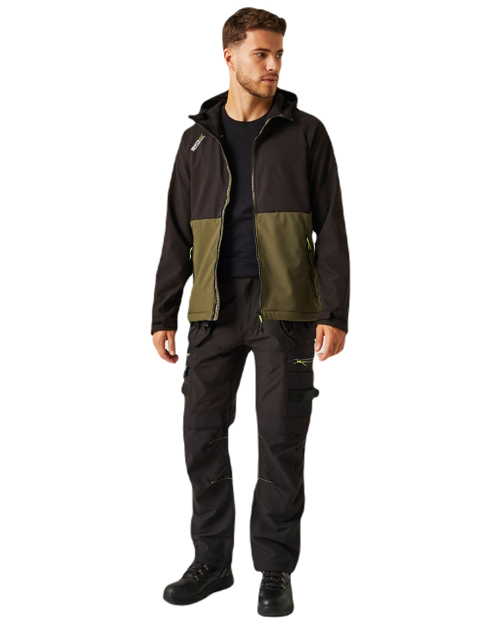 Dark Khaki Black coloured Regatta Mens Surrender Softshell Jacket on white background 