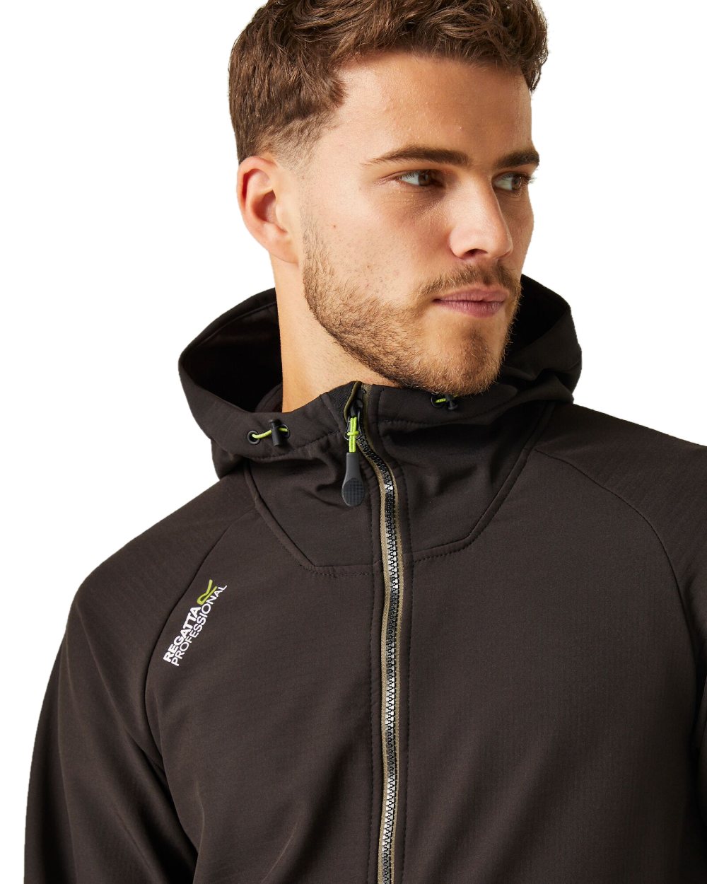 Dark Khaki Black coloured Regatta Mens Surrender Softshell Jacket on white background 