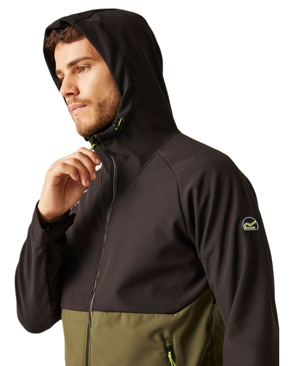 Dark Khaki Black coloured Regatta Mens Surrender Softshell Jacket on white background 