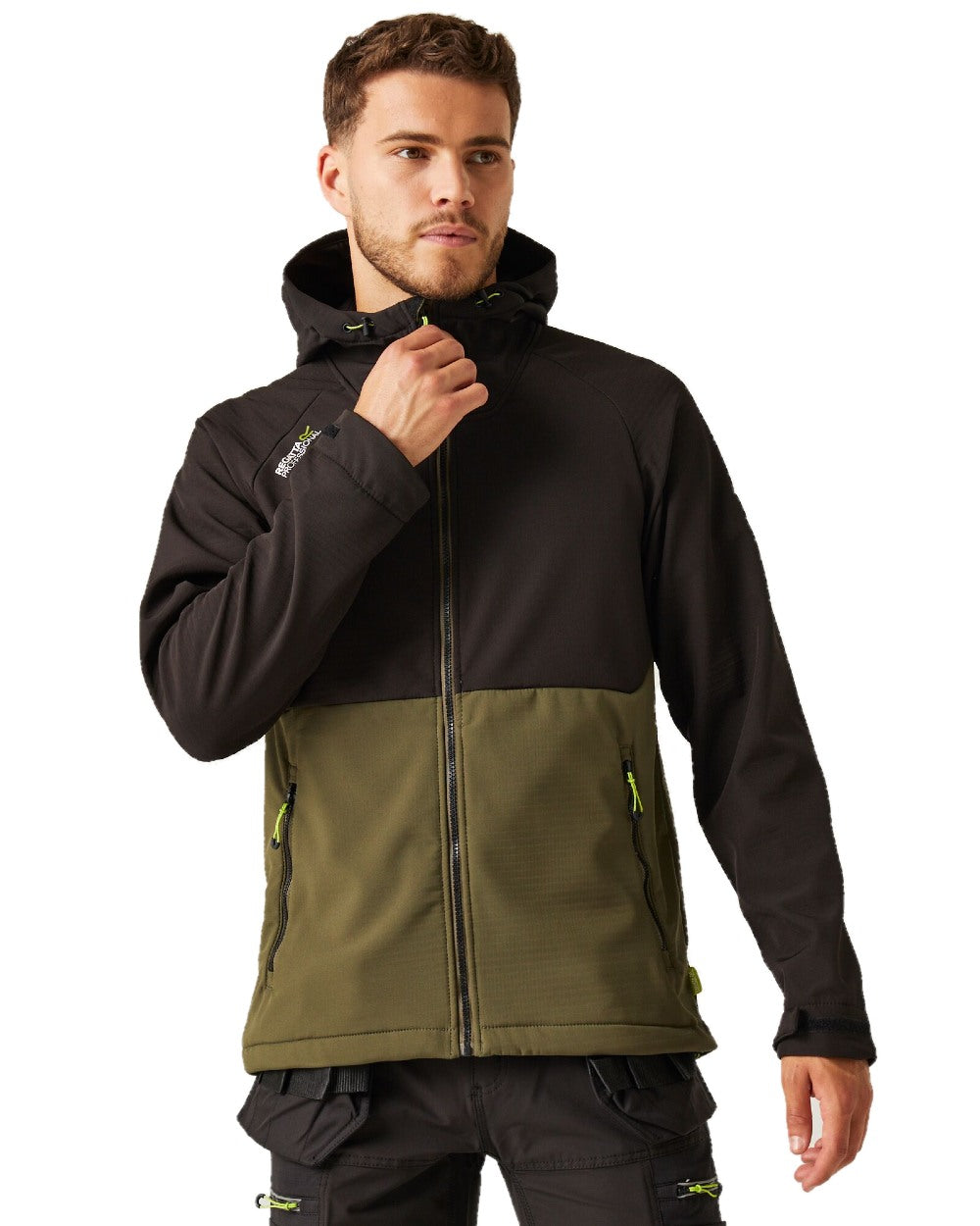 Dark Khaki Black coloured Regatta Mens Surrender Softshell Jacket on white background 