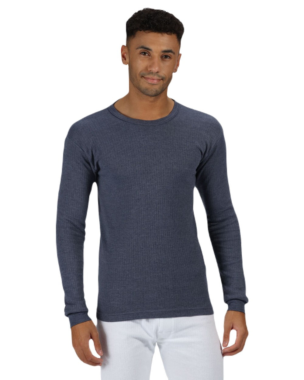 Denim Blue coloured Regatta Mens Thermal Long Sleeve Vest on white background 