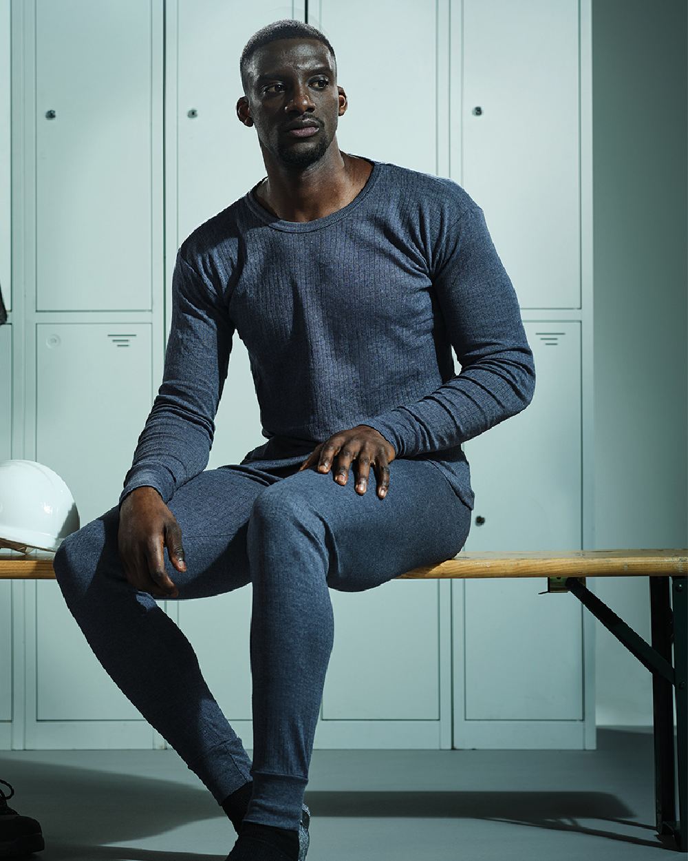 Denim Blue coloured Regatta Mens Thermal Long Sleeve Vest on locker room background 