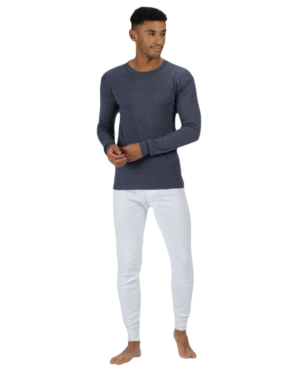 Denim Blue coloured Regatta Mens Thermal Long Sleeve Vest on white background 