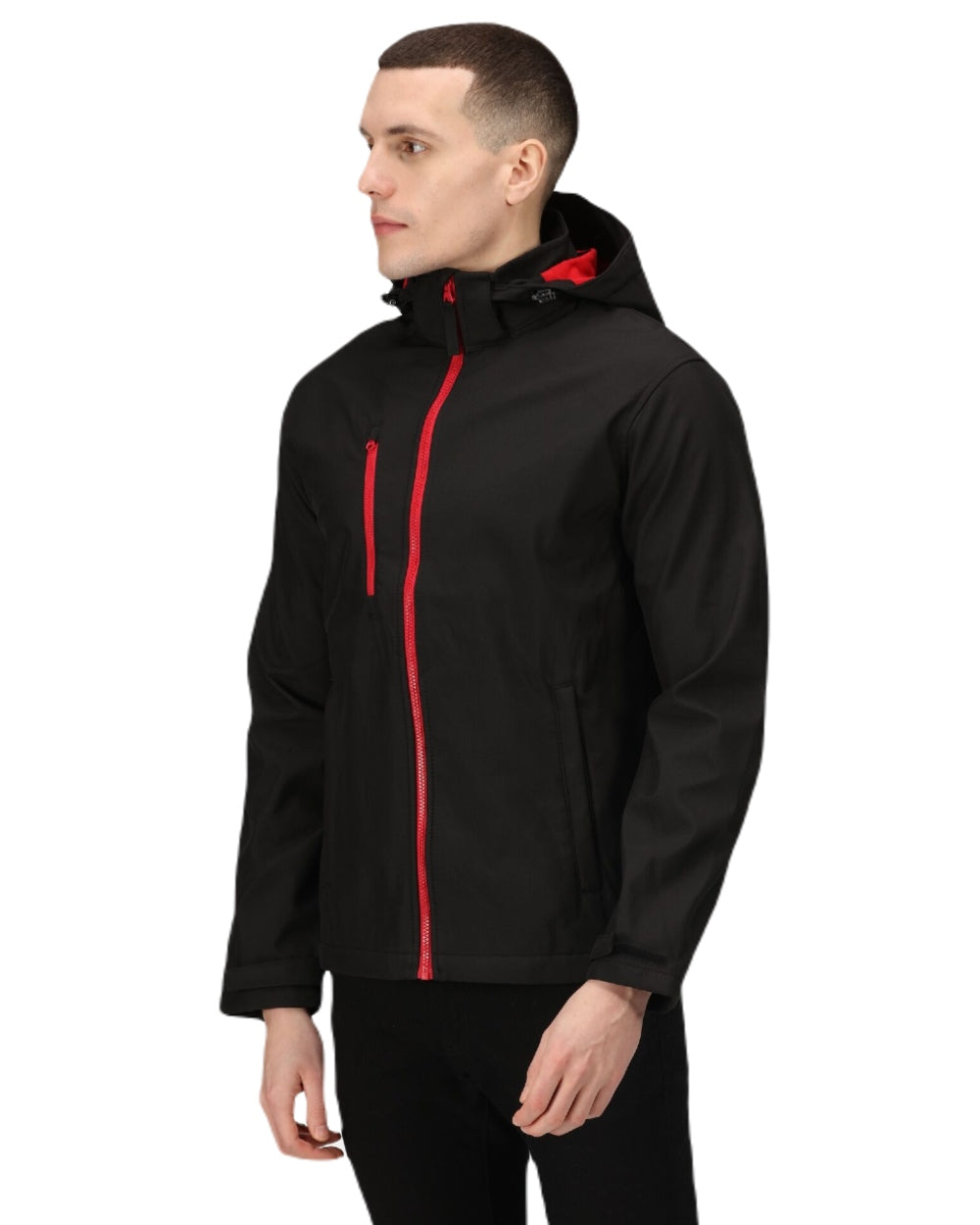 Black Classic Red coloured Regatta Mens Venturer 3 Layer Printable Hooded Softshell Jacket on white background 