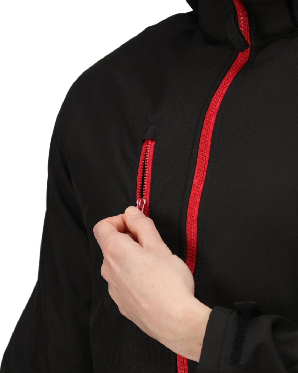 Black Classic Red coloured Regatta Mens Venturer 3 Layer Printable Hooded Softshell Jacket on white background 