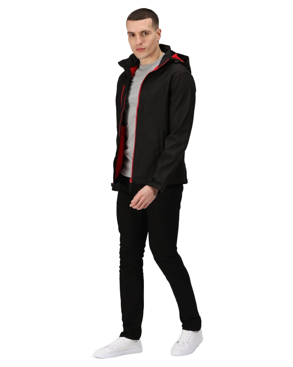 Black Classic Red coloured Regatta Mens Venturer 3 Layer Printable Hooded Softshell Jacket on white background 