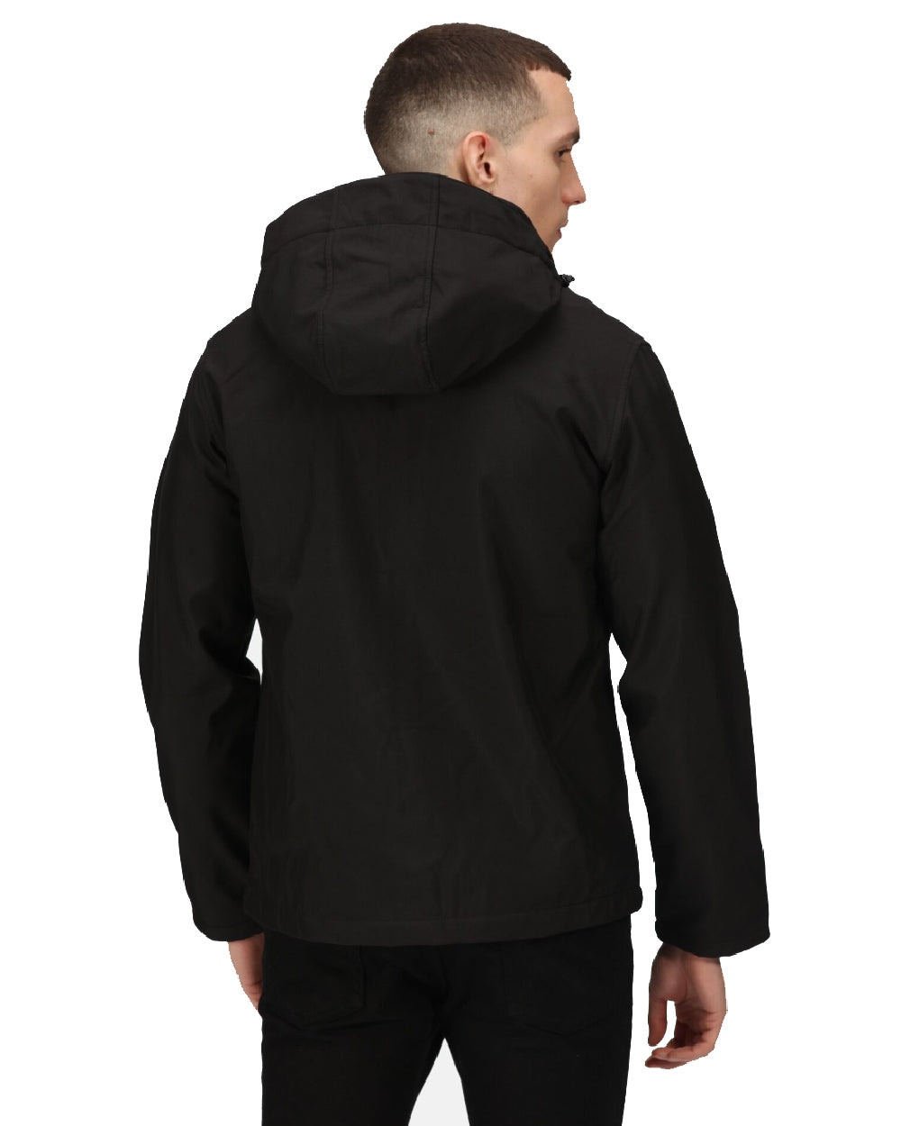 Black Classic Red coloured Regatta Mens Venturer 3 Layer Printable Hooded Softshell Jacket on white background 