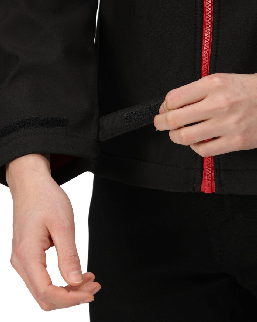 Black Classic Red coloured Regatta Mens Venturer 3 Layer Printable Hooded Softshell Jacket on white background 