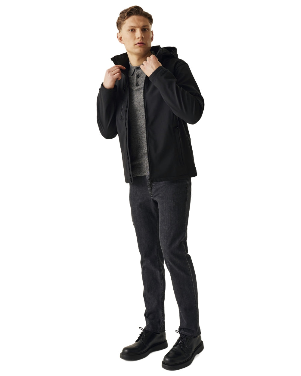 Black coloured Regatta Mens Venturer 3 Layer Printable Hooded Softshell Jacket on white background 