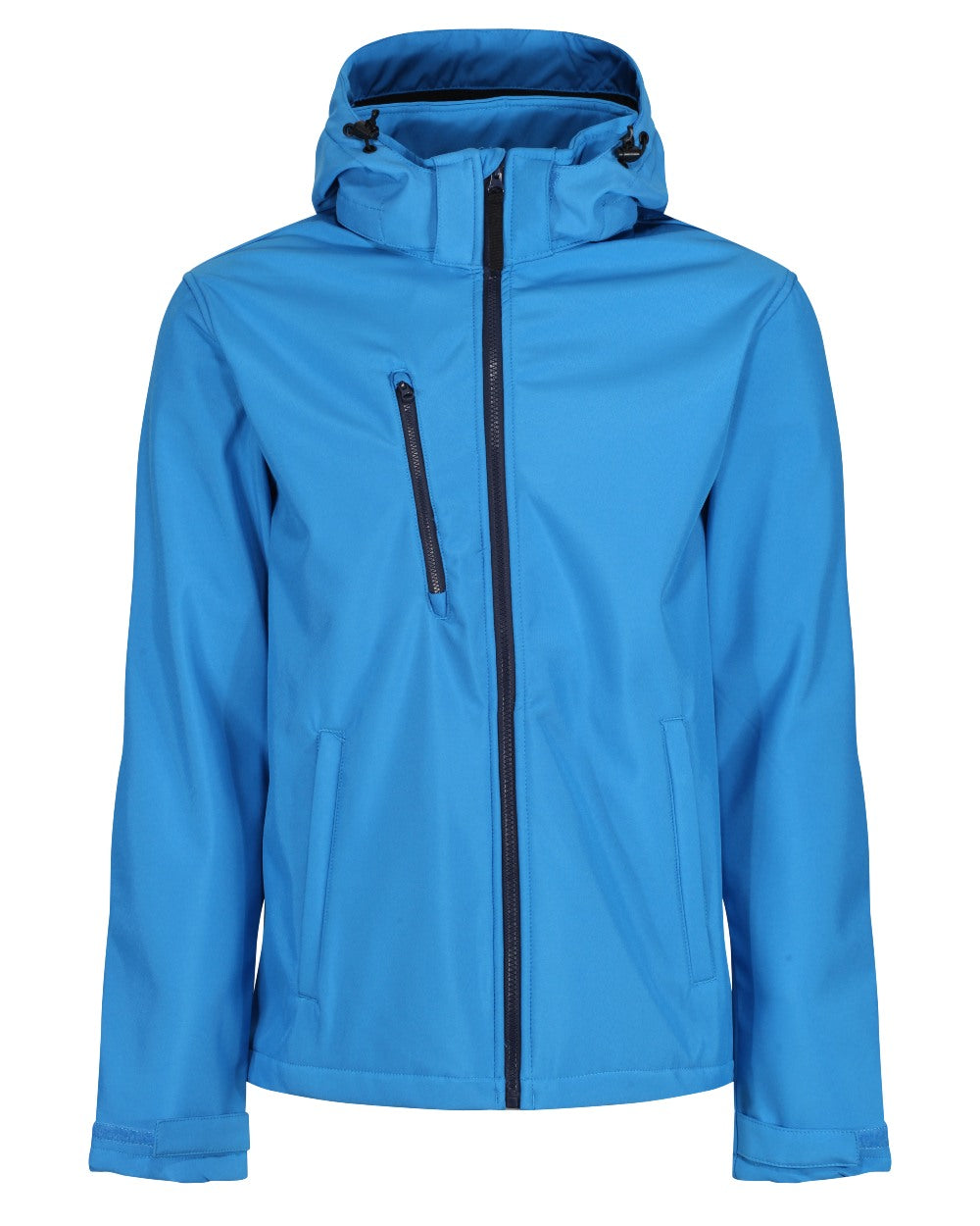 French Blue Navy coloured Regatta Mens Venturer 3 Layer Printable Hooded Softshell Jacket on white background 
