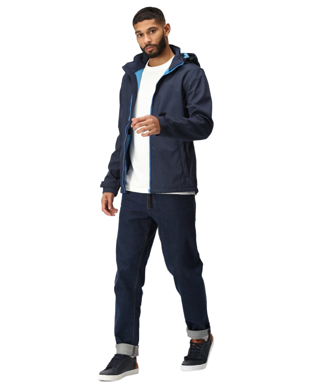 Navy French Blue coloured Regatta Mens Venturer 3 Layer Printable Hooded Softshell Jacket on white background 