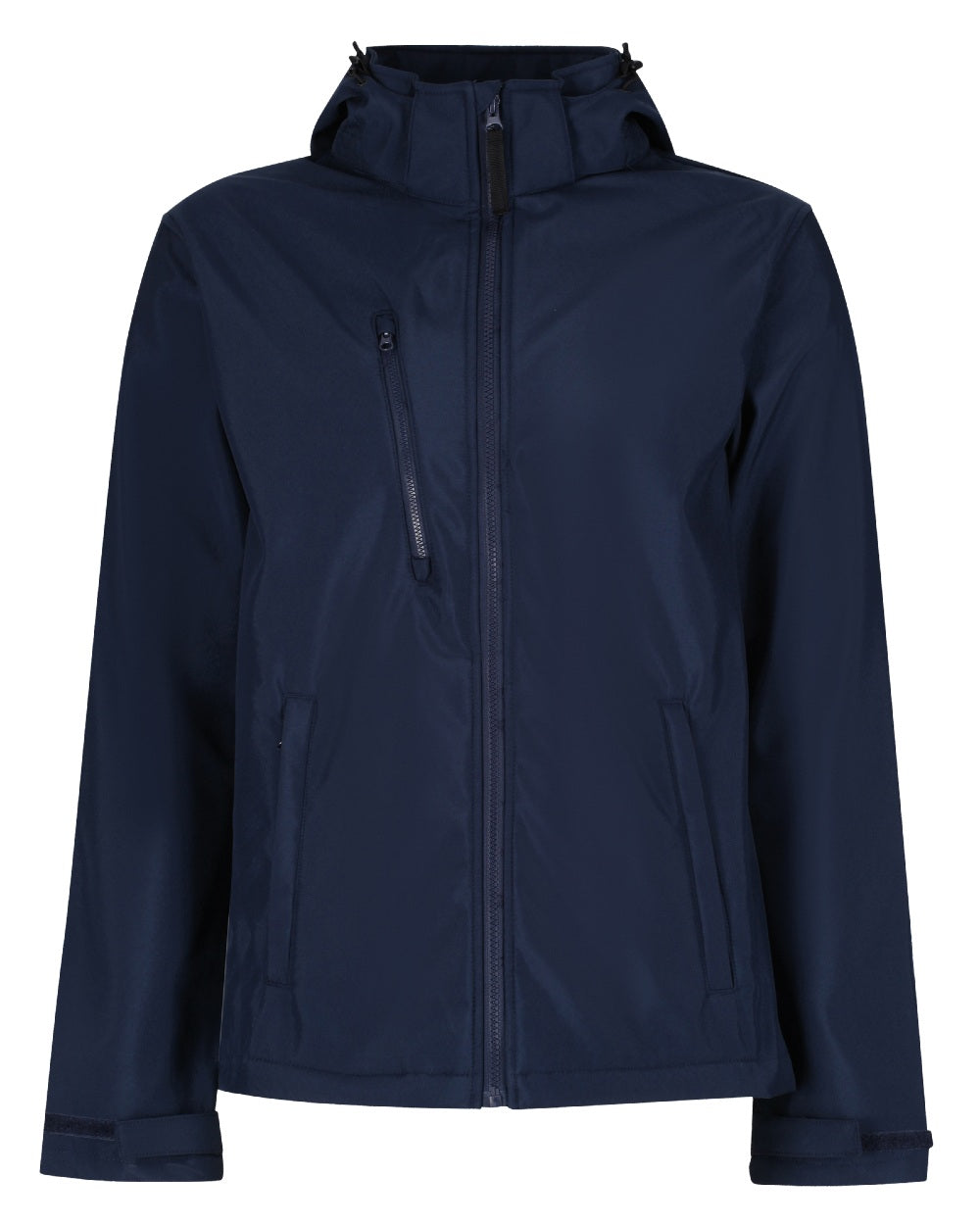 Navy coloured Regatta Mens Venturer 3 Layer Printable Hooded Softshell Jacket on white background 