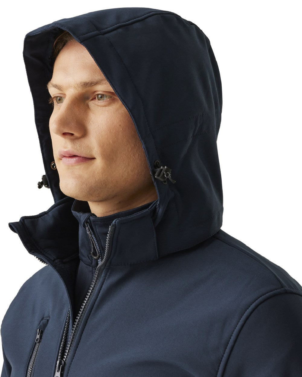 Navy coloured Regatta Mens Venturer 3 Layer Printable Hooded Softshell Jacket on white background 