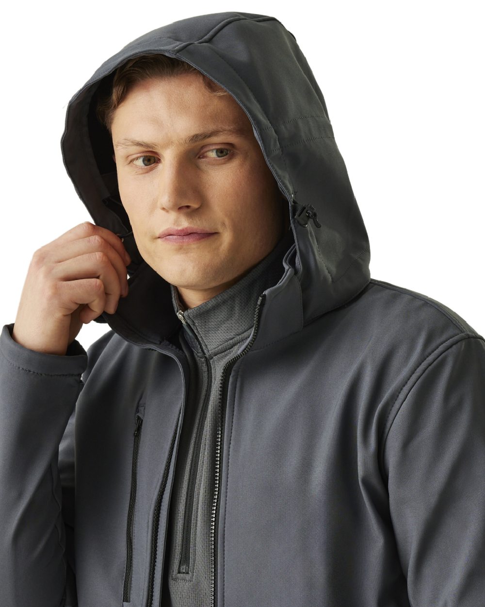 Seal Grey Black coloured Regatta Mens Venturer 3 Layer Printable Hooded Softshell Jacket on white background 