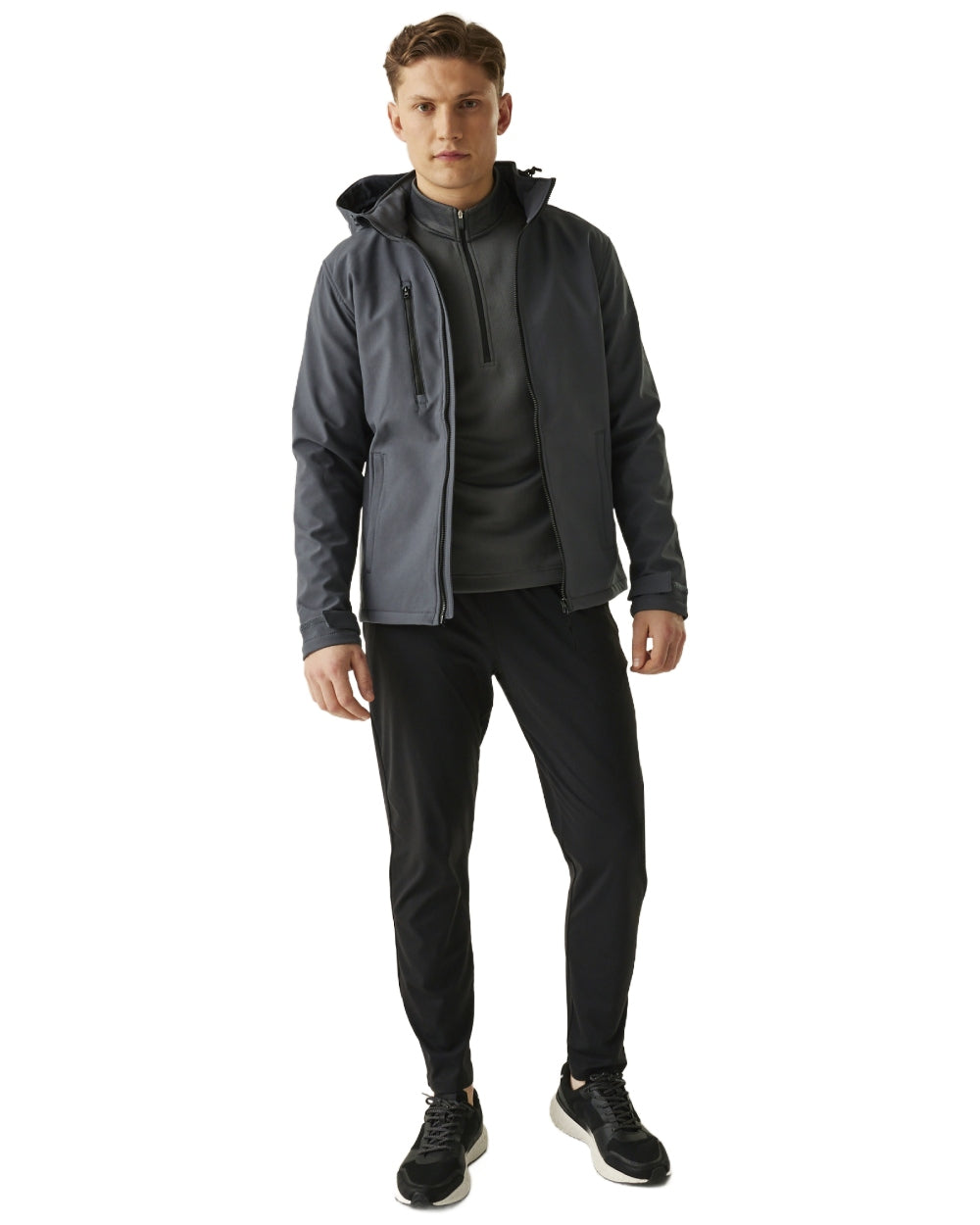 Seal Grey Black coloured Regatta Mens Venturer 3 Layer Printable Hooded Softshell Jacket on white background 