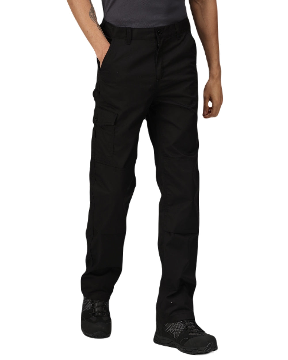 Black coloured Regatta Pro Cargo Trousers on white background 