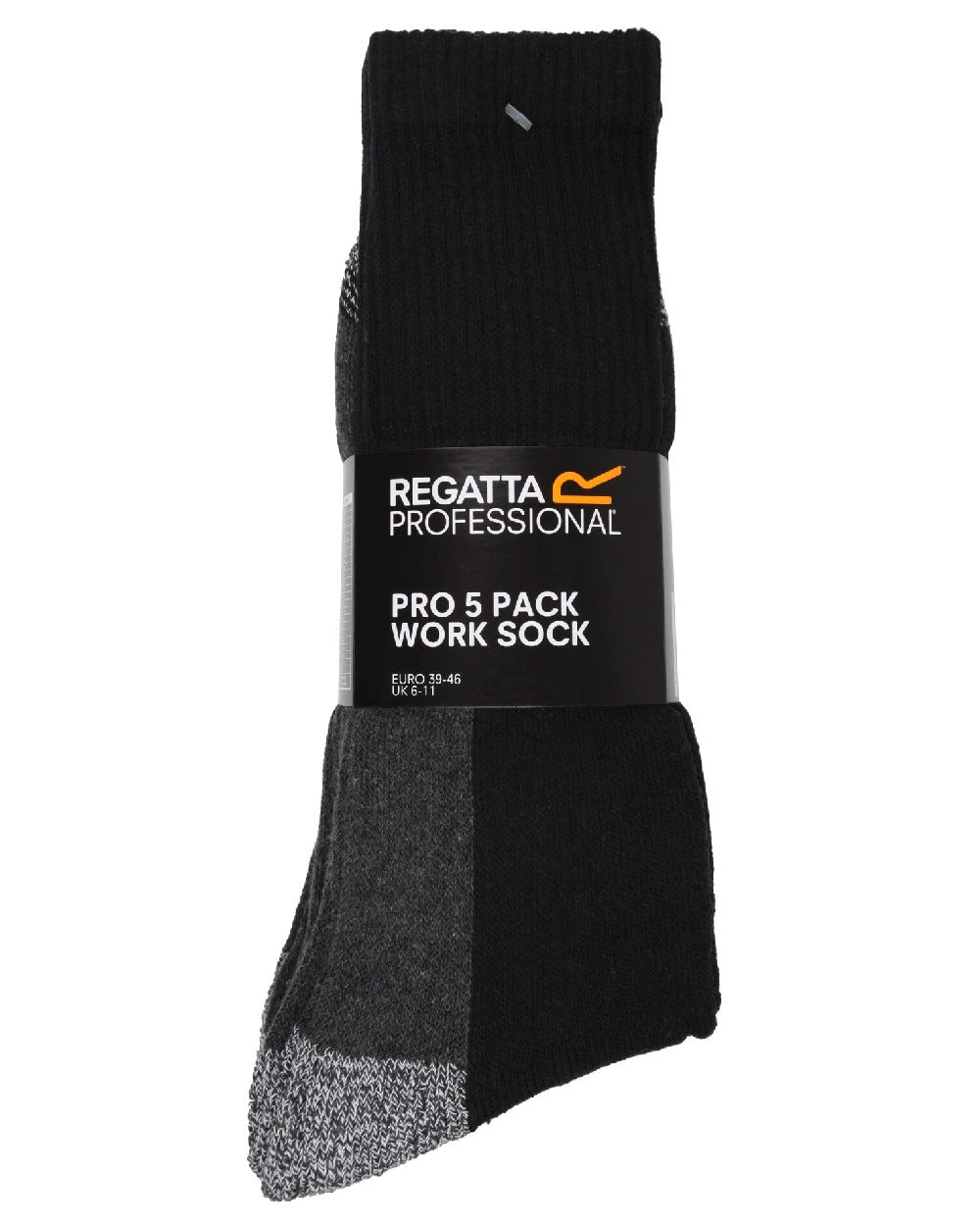 Black coloured Regatta Pro Five Pack Work Socks on white background 