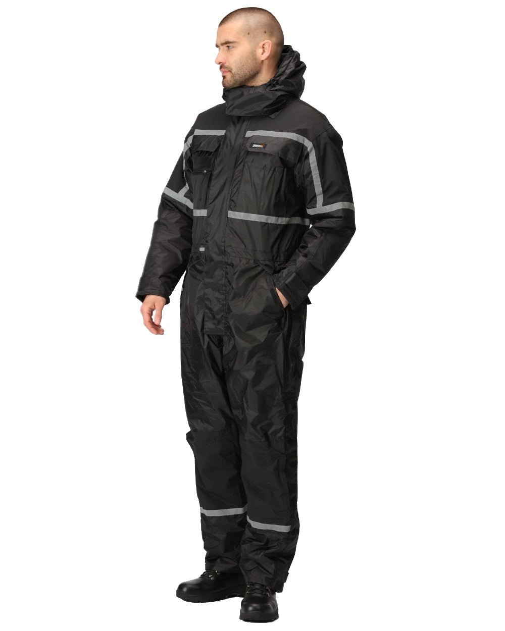 Black coloured Regatta Pro Waterproof Insulated Coverall on white background 