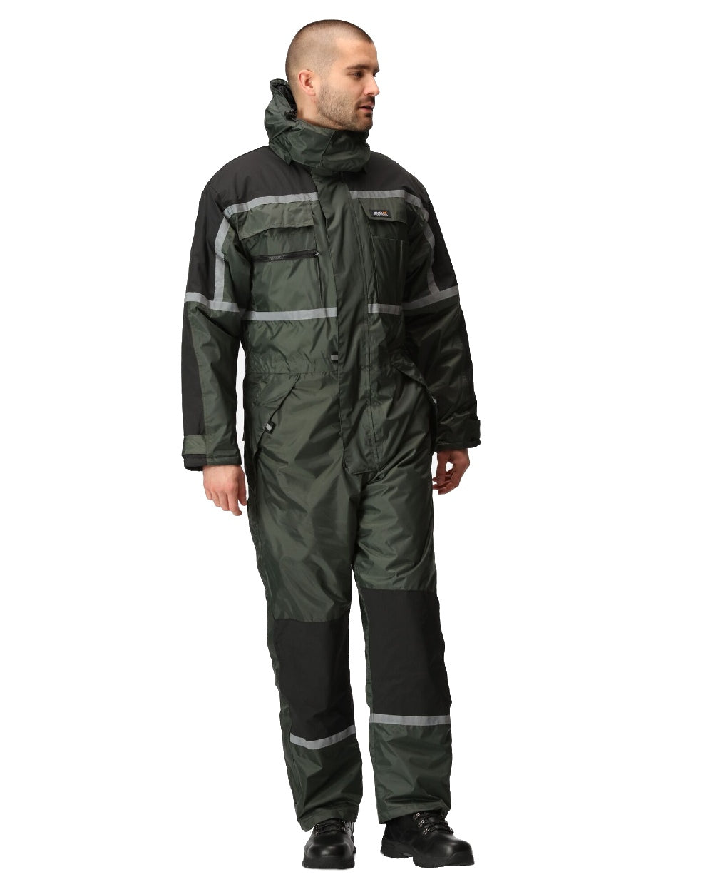 Olive coloured Regatta Pro Waterproof Insulated Coverall on white background 