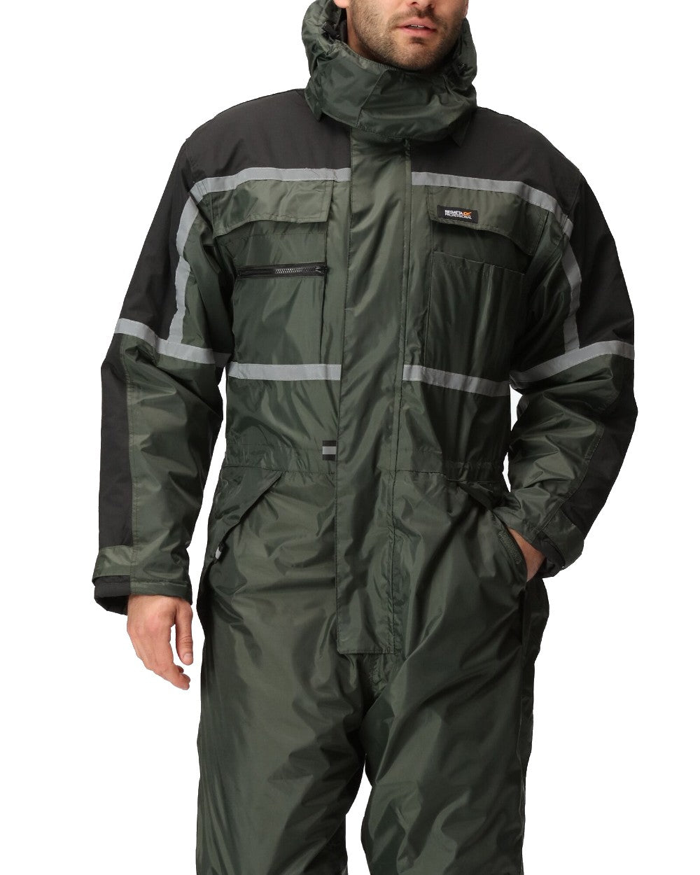 Olive coloured Regatta Pro Waterproof Insulated Coverall on white background 