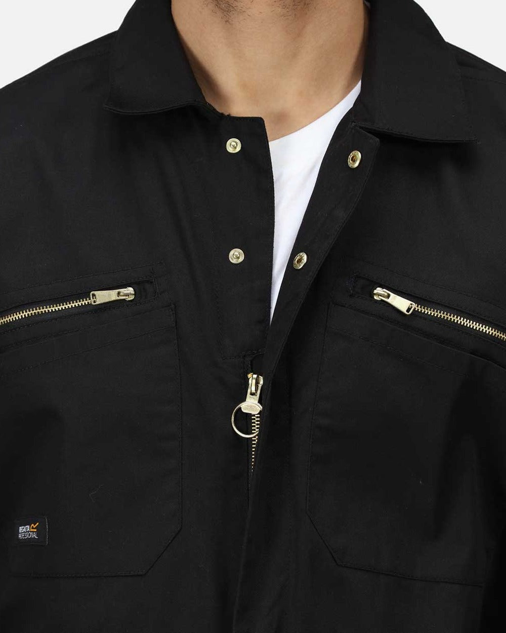 Black coloured Regatta Pro Zip Fasten Coverall on white background 