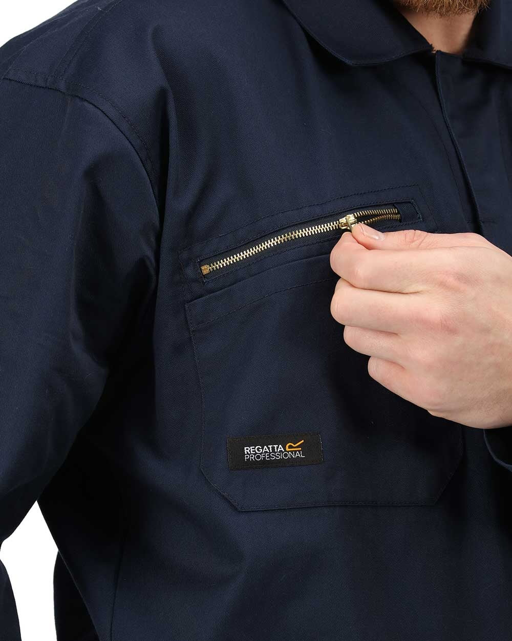 Navy coloured Regatta Pro Zip Fasten Coverall on white background 