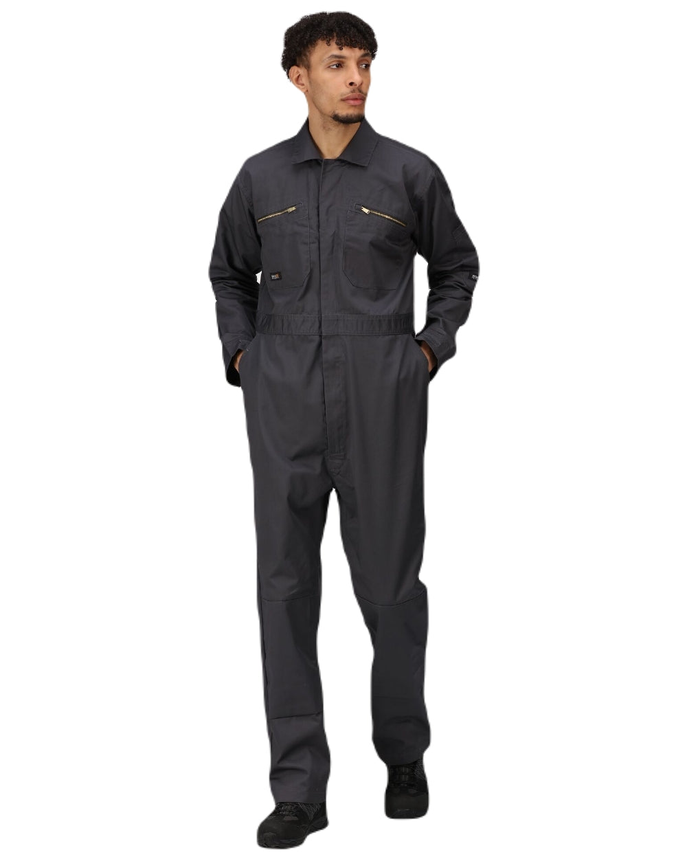 Seal Grey coloured Regatta Pro Zip Fasten Coverall on white background 