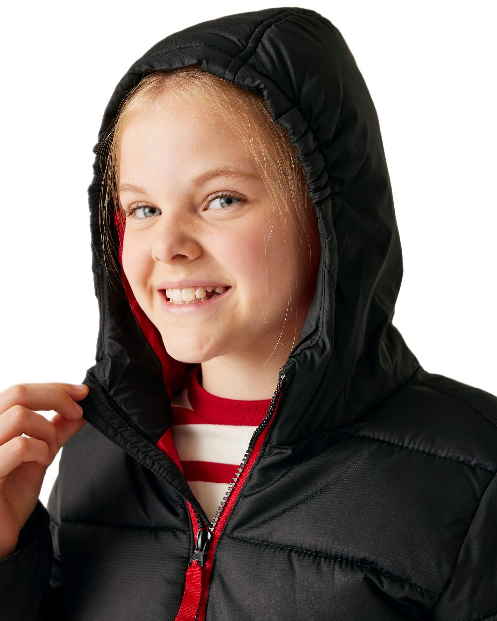 Black Classic Red coloured Regatta Professional Childrens Thermal Jacket on white background 