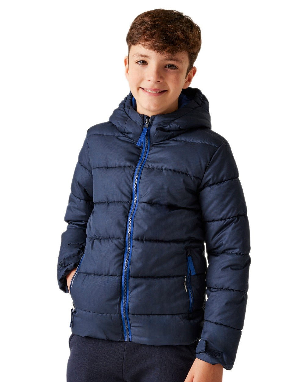 Navy New Royal coloured Regatta Professional Childrens Thermal Jacket on white background 