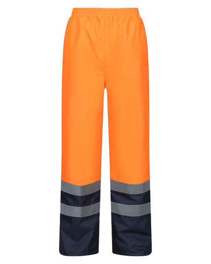 Orange Navy coloured Regatta Professional HI-VIS PRO Two Tone Insulated Overtrouser on white background 