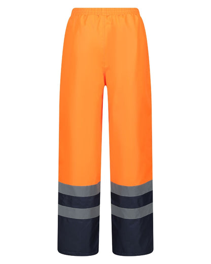 Orange Navy coloured Regatta Professional HI-VIS PRO Two Tone Insulated Overtrouser on white background 