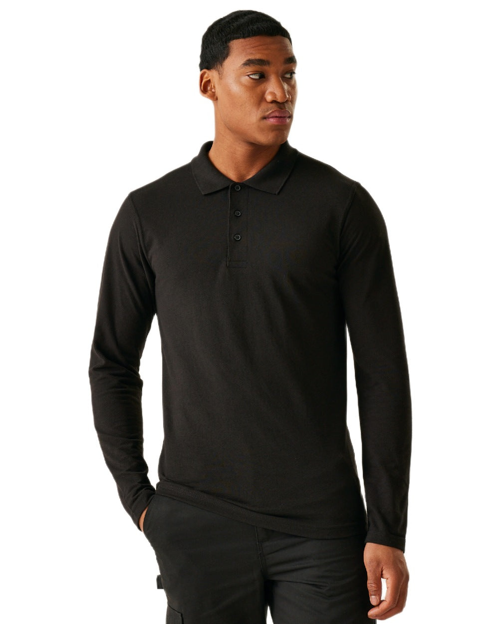 Black coloured Regatta Professional Mens 65/35 Long Sleeves Polo Top on white background 