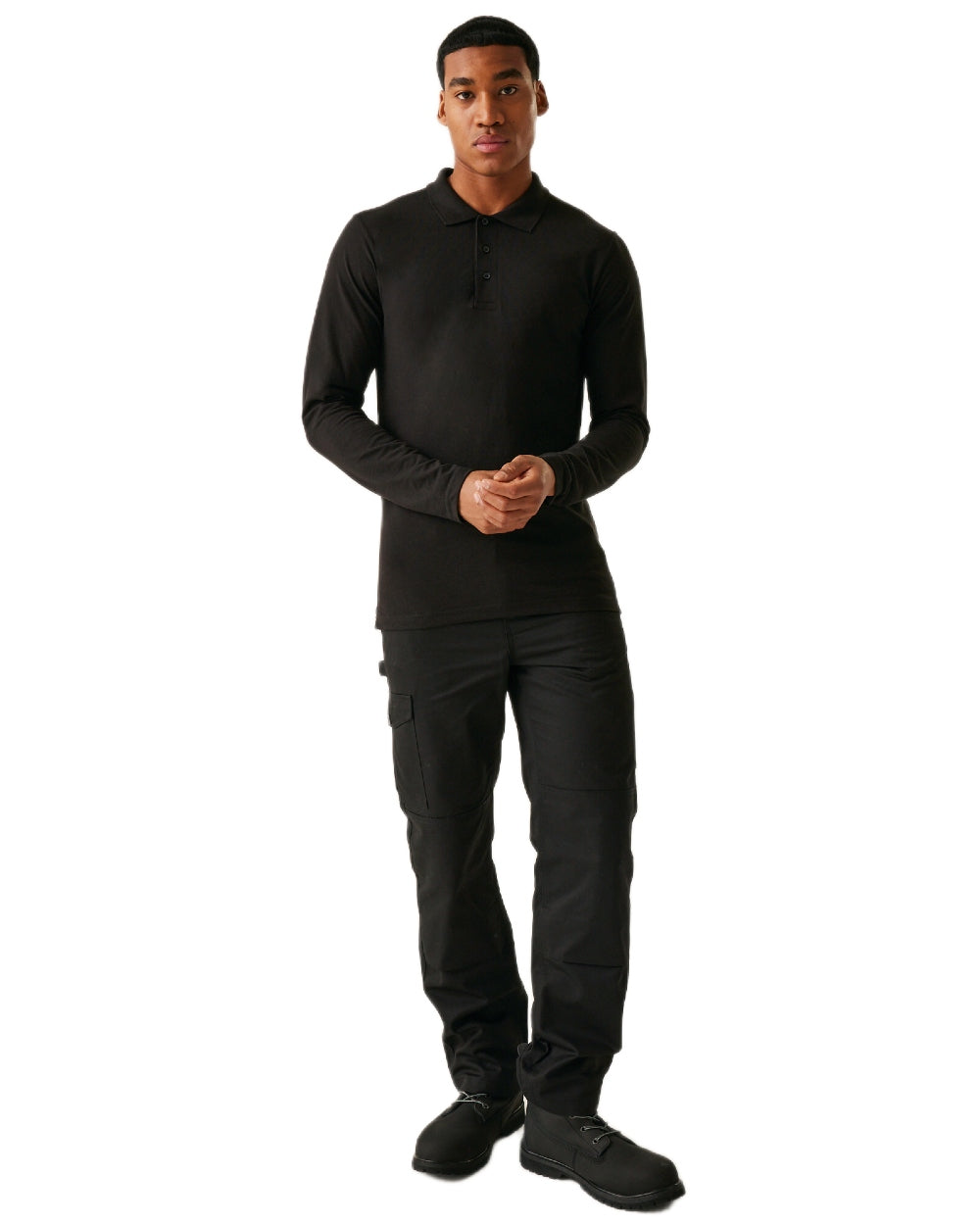 Black coloured Regatta Professional Mens 65/35 Long Sleeves Polo Top on white background 