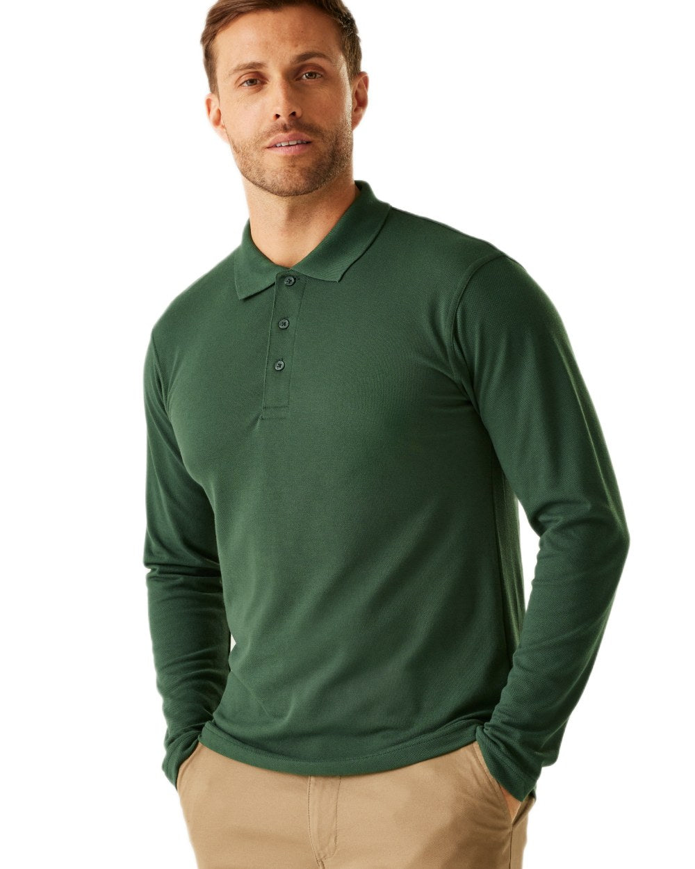Dark Green coloured Regatta Professional Mens 65/35 Long Sleeves Polo Top on white background 