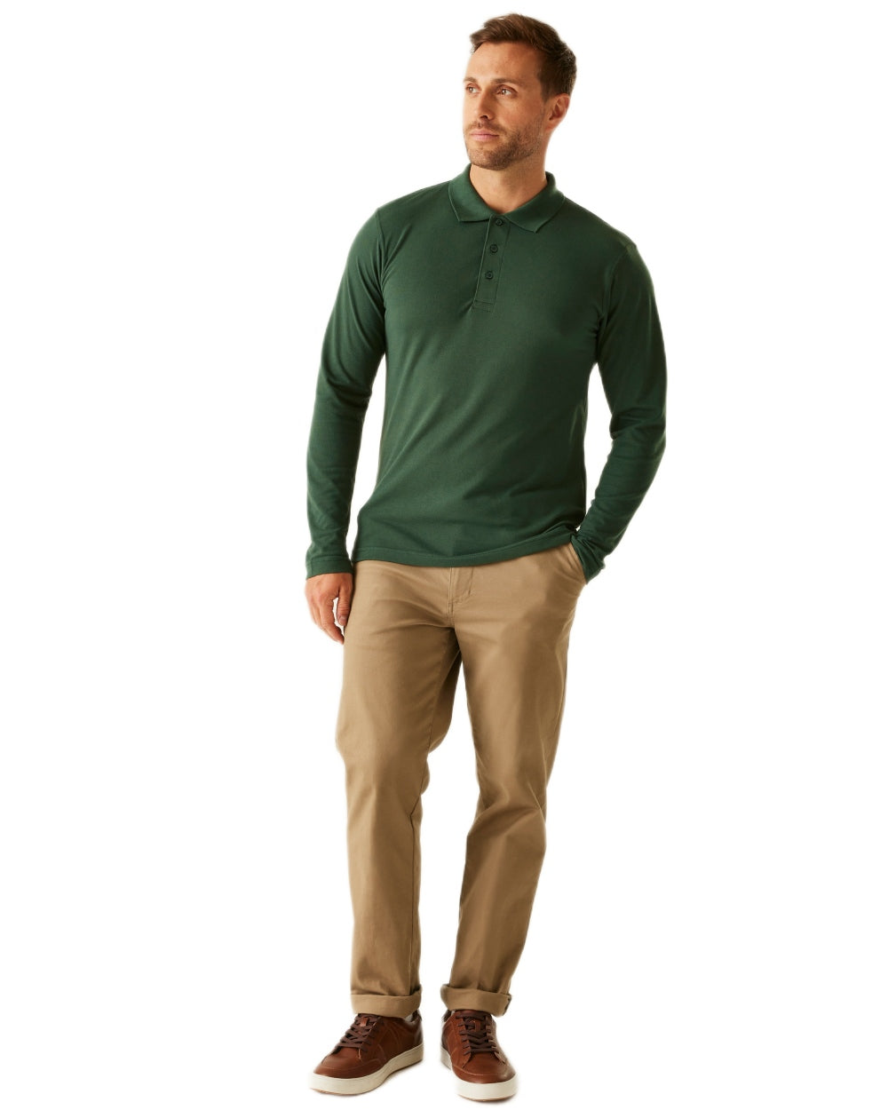 Dark Green coloured Regatta Professional Mens 65/35 Long Sleeves Polo Top on white background 