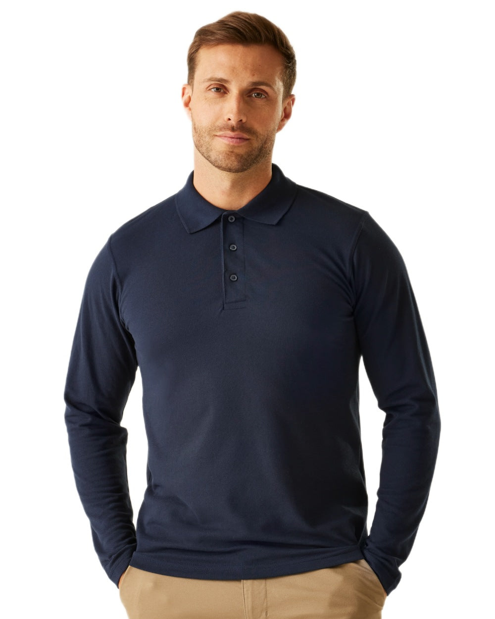 Navy coloured Regatta Professional Mens 65/35 Long Sleeves Polo Top on white background 
