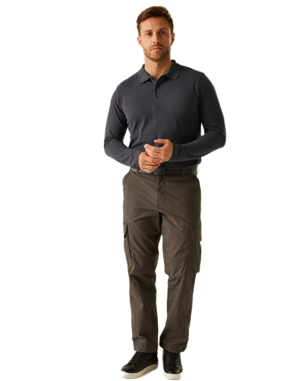 Seal Grey coloured Regatta Professional Mens 65/35 Long Sleeves Polo Top on white background 