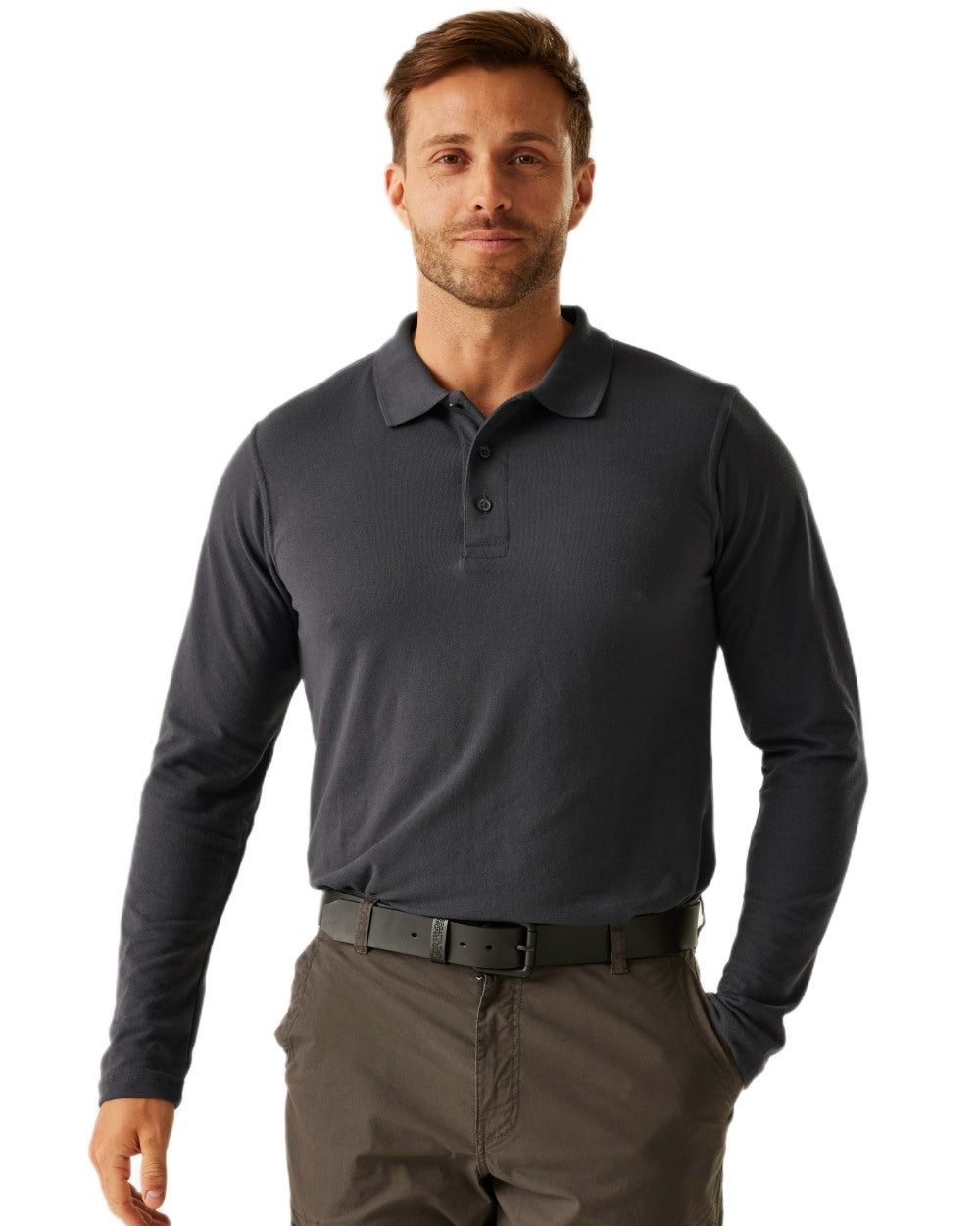 Seal Grey coloured Regatta Professional Mens 65/35 Long Sleeves Polo Top on white background 
